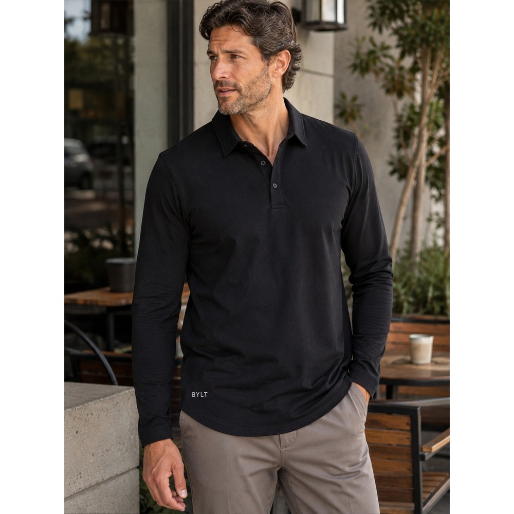 BYLT Premium Basics Lux Polo Shirt Cotton Blend Stretch Long Sleeve Black M